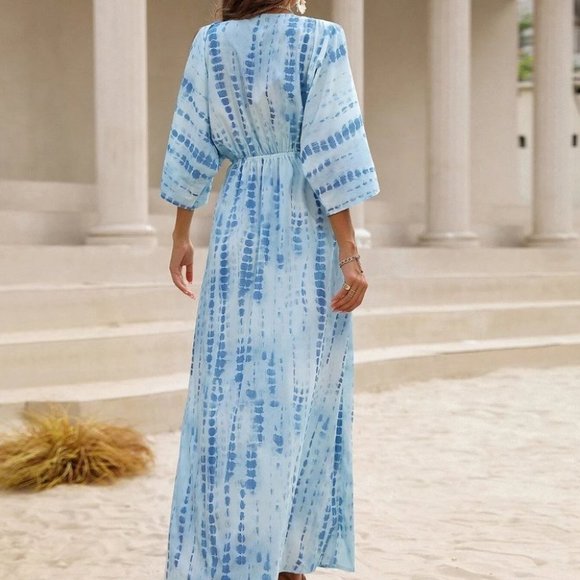Boho Style Tie dye Cut out Sleeve thigh slit Maxi Dress BLUE - Picture 3 of 8